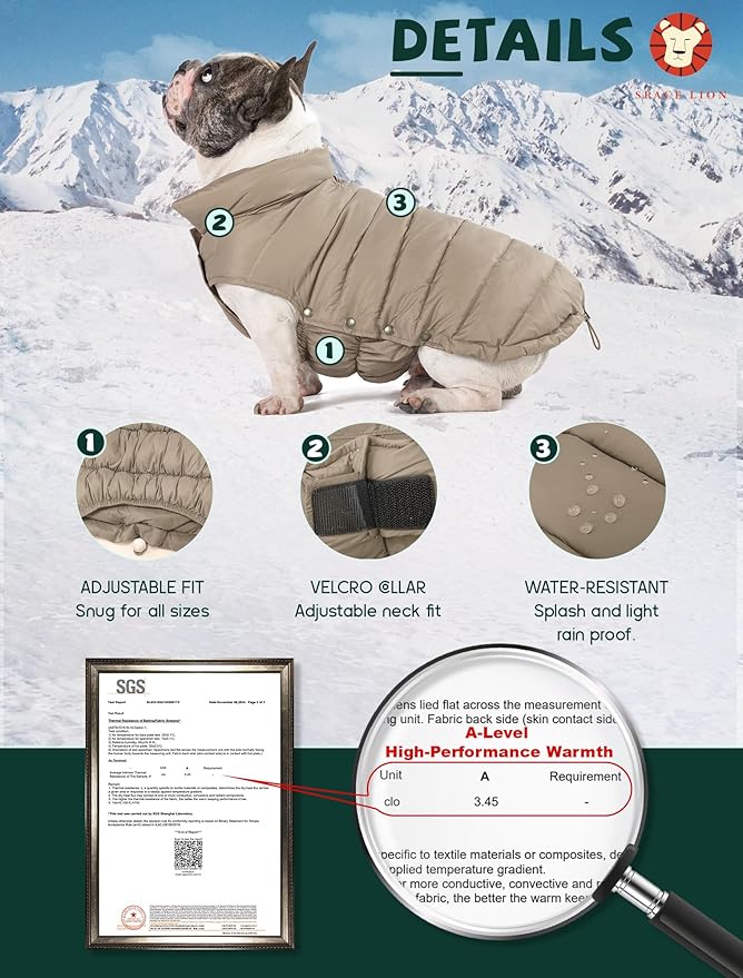 SPACE LION Dog Puffer Jacket, Down Winter Coat, Durable Outdoor Coat for Cold and Windy Conditions, Lightweight & Adjustable Fit Coats for Small & Medium Dogs, (Camel, Size 12 Gift Box)
