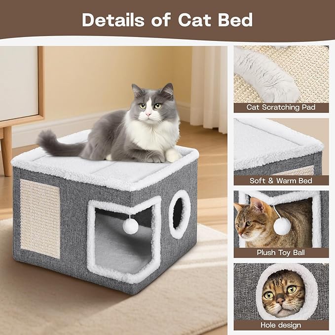Cat Houses for Indoor Cats - Large Cat Bed Cave with Fluffy Ball and Scratch Pad, Foldable Cat Condo Hideaway for Multi Small Kitten & Pet, Grey