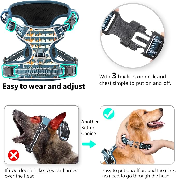 Timos No Pull Dog Harness, Release at Neck Reflective 3 Snap Buckles Adjustable No Choke Pet Vest with Front & Back 2 Leash Clips, Soft Padded Control Training Handle for Small Medium Large Dogs