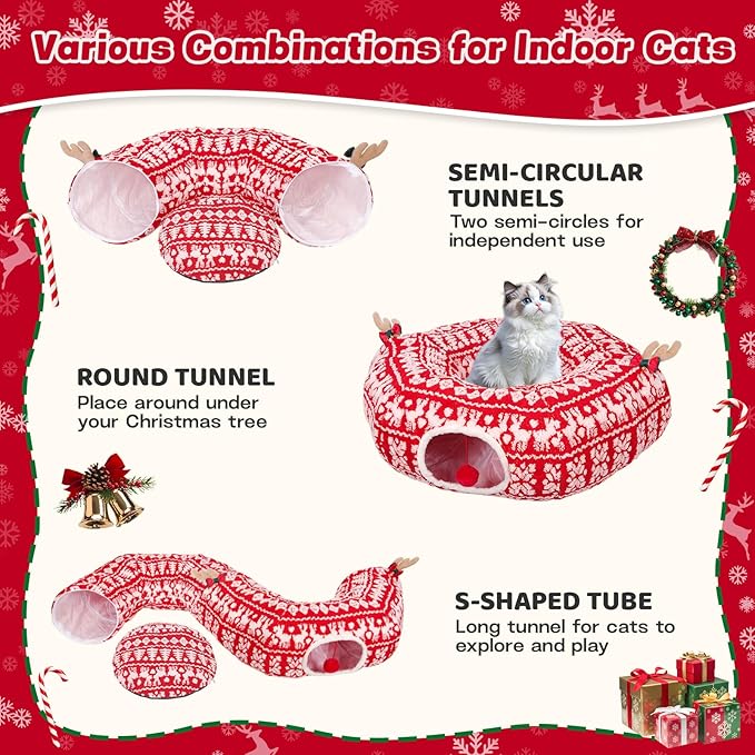 Cat Tunnel Christmas Tree Skirt, Cute Cat-Proof Tunnel Bed Under Christmas Tree with Washable Cushion, Soft Pet Donut Cave Decorative Tube Bed, Pet Toy Gifts Xmas Tree Protector from Cats