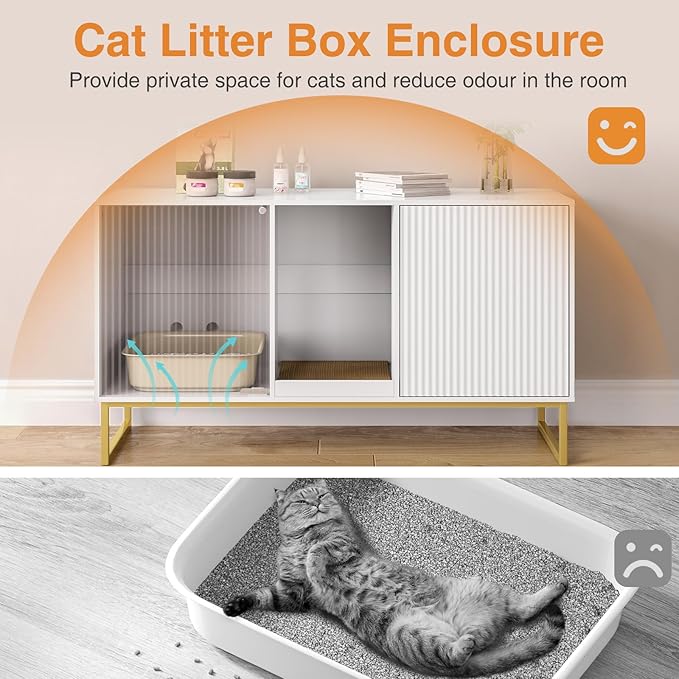 Kitty Litter Box Enclosure for 2 Cats, Small Hidden Cat Litter Box Furniture with Scratch Pad, Modern Fluted Double Litterbox Cabinet TV Stand for Kittens, White