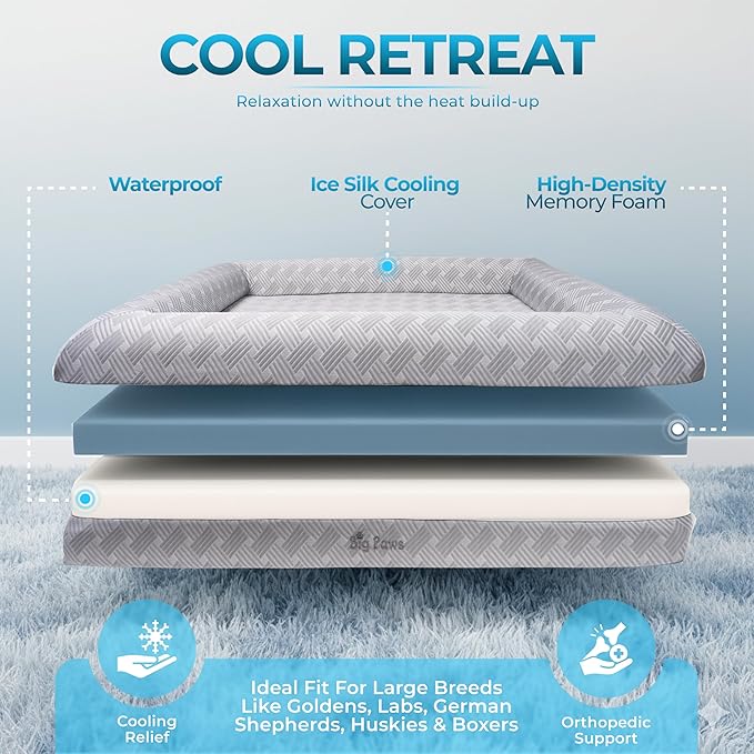 Big Paws Cooling Orthopedic Dog Bed for Large & Senior Dogs – High-Density Memory Foam, Waterproof Liners, Washable Cover, Non-Slip Base, Raised Bolsters – XL Mattress for Joint Relief