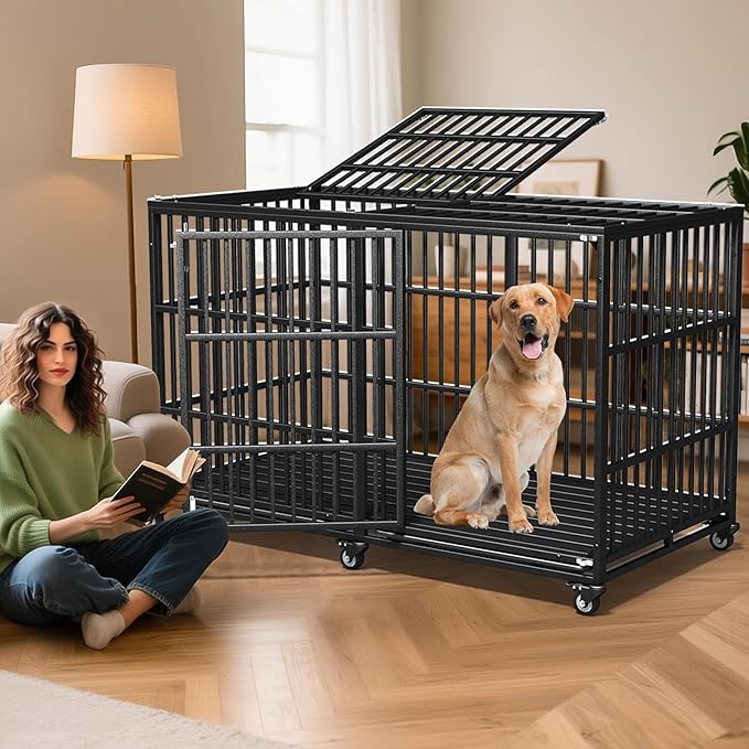 64" Heavy Duty Dog Crate Indestructible Dog Pet Kennel Cage for Extra Large Giant Breeds Double Doors Locakable Wheels High Anxiety Escape Proof Pet Dog Playpen