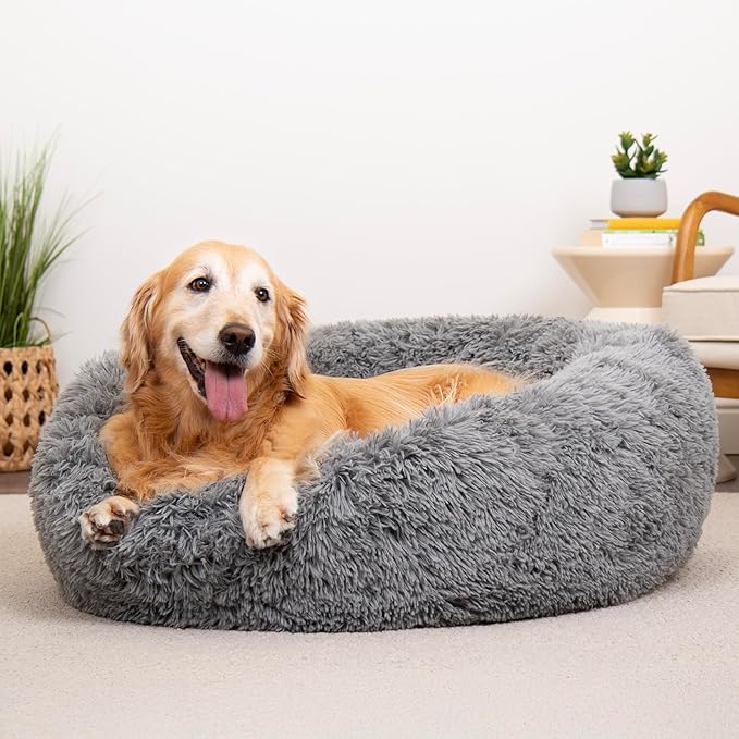 Furhaven 36" Round Calming Donut Dog Bed for Large/Medium Dogs, Refillable w/ Removable Washable Cover, For Dogs Up to 75 lbs - Shaggy Plush Long Faux Fur Donut Bed - Gray, Large