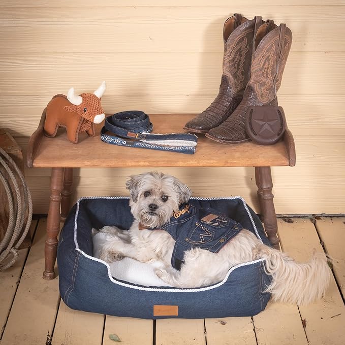 Wrangler Rope Denim Dog Vest Harness – Breathable Dog Vest with Mesh Lining - Machine Washable Dog Winter Jacket for Easy Cleaning, Layer Over Dog Sweater (Light Wash, XL)