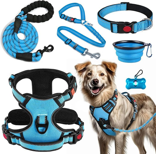 No Pull Dog Harness, Collar & Leash Set | Includes Dog Seat Belt, Collapsible Bowls & Poop Bag Dispenser. Ideal for Training, Walking, Hiking. Fits Small to Large Dogs(Blue-XL)