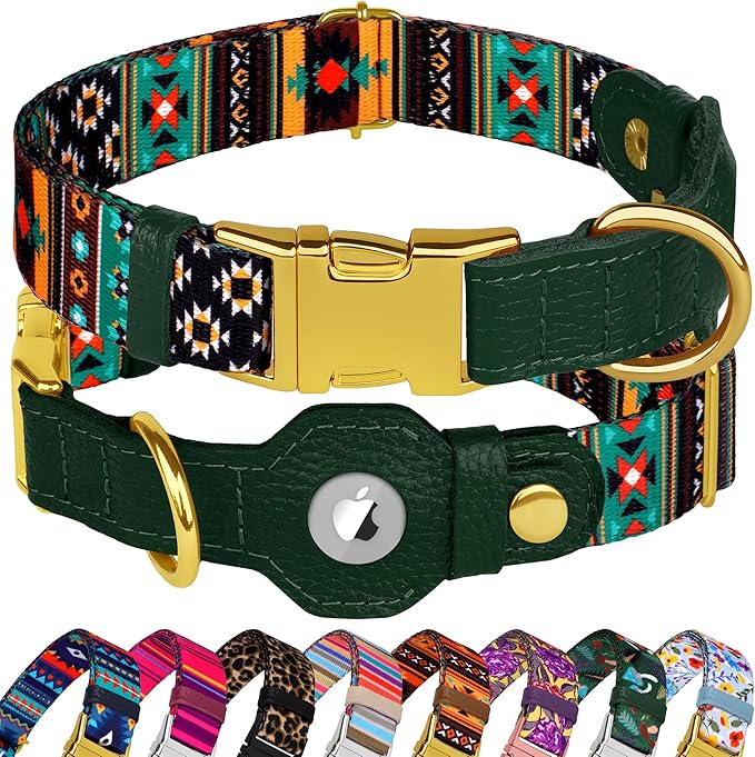 AirTag Dog Collar for Small Medium Large Breed - Adjustable Cute Pattern Dog Collar with Airtag Holder - Soft Leather Tracker GPS Apple Air Tag Pet Collars (Medium, 14"-18" Neck Fit, Tribal)
