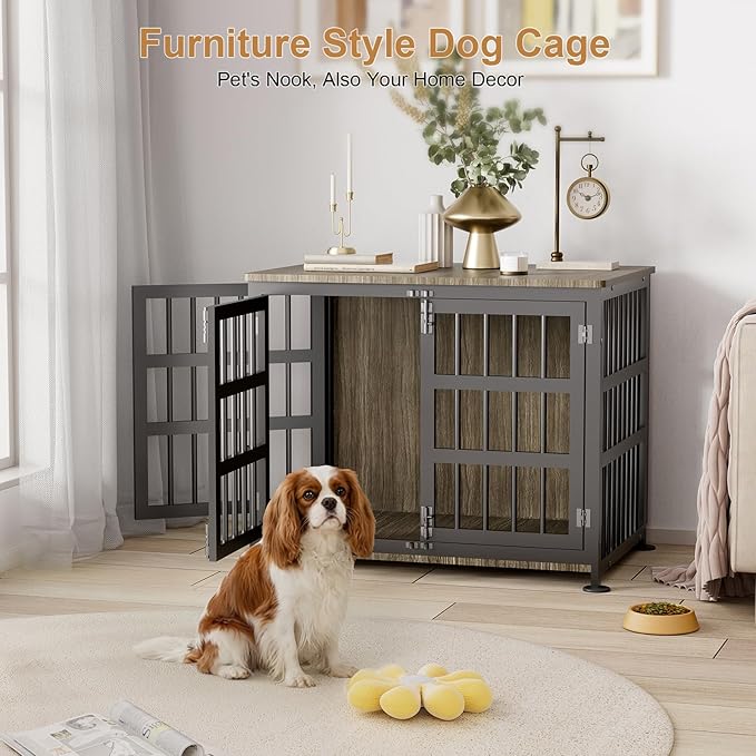 33" Dog Crate Furniture for Medium & Small Dogs with Wheels, Heavy Duty Dog Cage, Indoor Puppy Crate, Wooden Dog Kennel Table, 32.6" L x 22.8" W x 25.8" H, Decorate House as End Table — Grey
