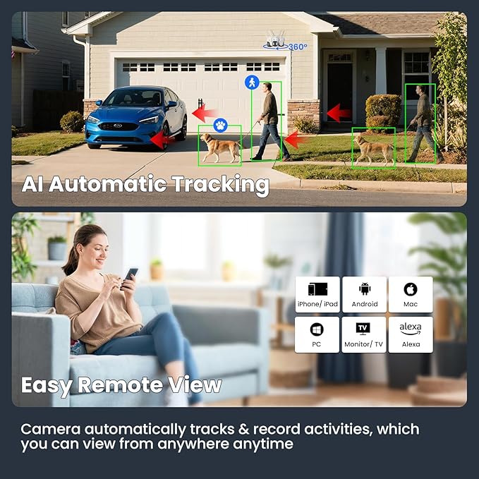 XMARTO 10X Zoom WiFi6 Security Camera System Wireless Outdoor/Indoor, 10CH 4K NVR with 4X 2K HD Dual Lens Cameras with Auto Tracking, 1TB HDD (Plug-in 24/7 Surveillance, Long Range WiFi)