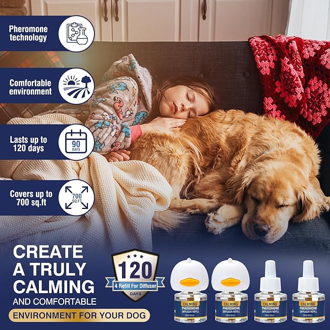 Dog Calming Pheromones Diffuser 6 in 1 Kit Appeasing Pheromone Diffuser to Calm (2 Plug in+4 x48ml Refill) for Anxiety Relief Reduce Aggression Fighting Barking Stress 120 Day Supply(Tasteless)