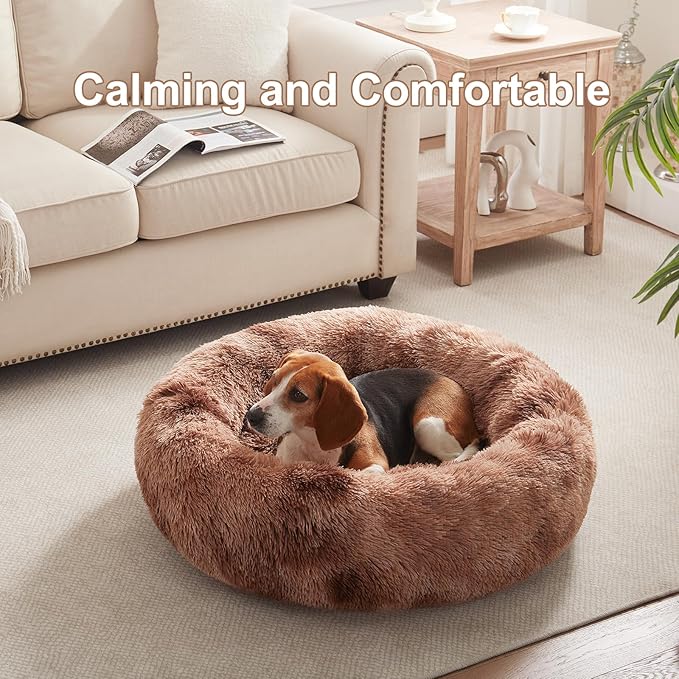 33 inches Donut Dog Bed for Medium Large Dogs,Calming Fluffy Round Pet Bed with Removable & Washable Cover,Fits up to 65 lbs Pets(Tie-dye Brown,M Plus)