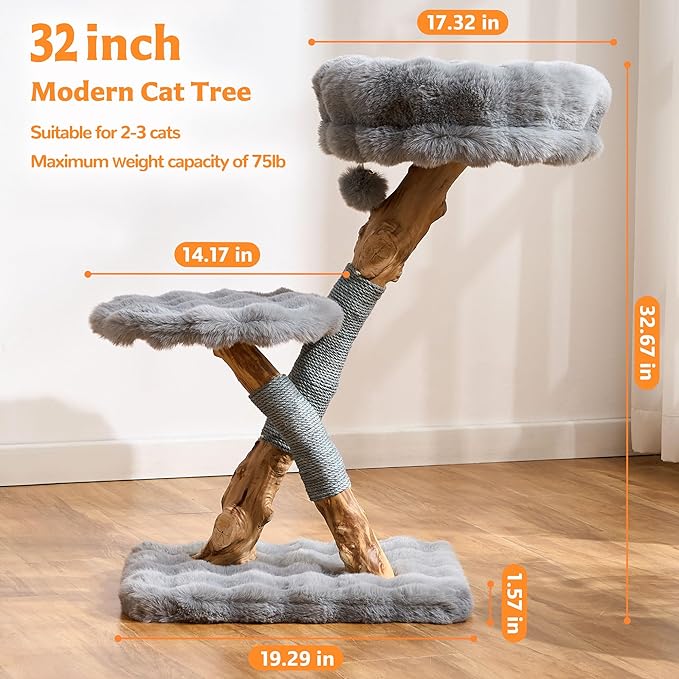 Cat Tree Modern Sturdy Solid Wood Cat Tower for Large Cat with Scratching Post for Indoor, Multifunctional Cat Tower with Cozy Bed and Platforms