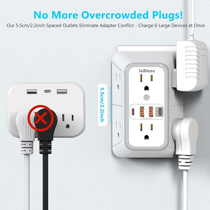 JcBlaon Multi Plug Outlet Surge Protector, Wall Charger with 6 Outlet Splitter with 4 USB Ports(PD 20W), 3-Sided 1050J Surge Protector Power Strip for Home Office Dorm Room Essentials