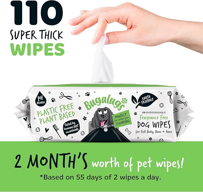 BUGALUGS Dog Wipes, 100% Plastic Free Biodegradable pet Wipes for Full Body, Eye Wipes, Ear Wipes, Bum & Paws. 110 Sensitive Dog Grooming Wipes for Dogs, Puppy & cat Grooming (Fragrance Free)