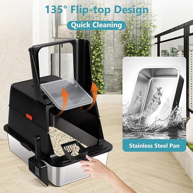 Stainless Steel Litter Box，XXL Enclosed High Sided Litter Box with Scoop for Big Cats, Non-Sticky, Anti-Leakage, Odor Control, Easy Clean (Black)