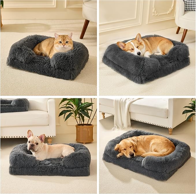 Orthopedic Dog Bed for Cat and Small Dogs of Comfortable Memory Foam Pet Bed with Sides,Fluffy Dog Couch Sofa Bed with Anti-Slip Bottom Dark Grey S