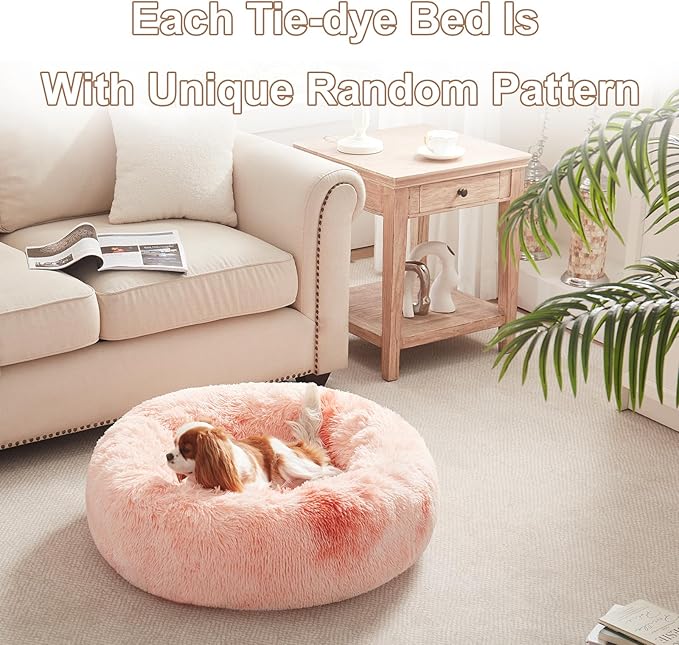 30 inches Donut Dog Bed for Medium Dogs,Calming Fluffy Round Pet Bed with Removable & Washable Cover,Fits up to 45 lbs Pets(Tie-dye Pink,Medium)