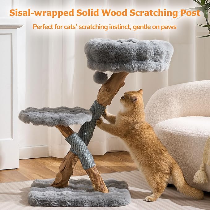 Cat Tree Modern Sturdy Solid Wood Cat Tower for Large Cat with Scratching Post for Indoor, Multifunctional Cat Tower with Cozy Bed and Platforms