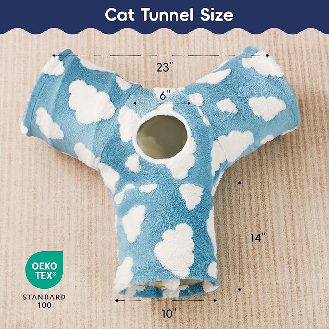Tempcore Cat Tunnels for Indoor Cats, Cat Tube Toys 3 Way Collapsible, Pet Play Tunnel with Peek Hole Toy Ball for Kitty, Kitten, Rabbit, Blue Cloud