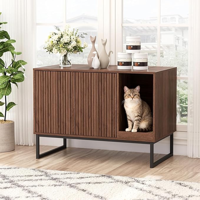 Cat Litter Box Enclosure, Fluted Hidden Litter Box Furniture with Scratch Pad and Metal Legs, Modern Enclosed Cat Cabinet, 31.5 x 17.7 x 21.7 Inches Indoor Pet House for Living Room, Washroom, Walnut