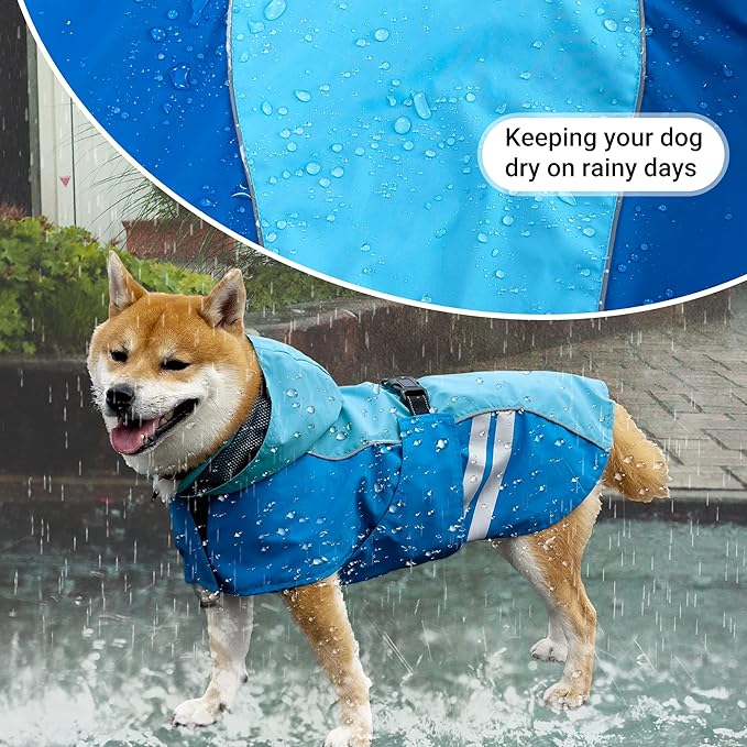Dog Raincoat for Medium Large Extra Large Dogs, Waterproof Rain Jacket with Reflective Strap, Lightweight Hoodies Full-Body Coverage Dry Clothes (L, Blue)