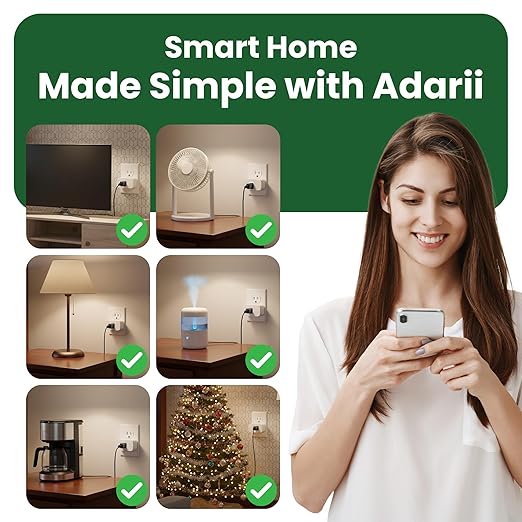 Adarii Smart Plug Google Home, Compatible with Alexa, 15A WiFi Plug, 2.4GHz, Smart Life Plug, Voice Control, Compact Indoor Smart Plug, FCC Certified, Tuya Smart Plug, No Hub Needed, 1 Pack