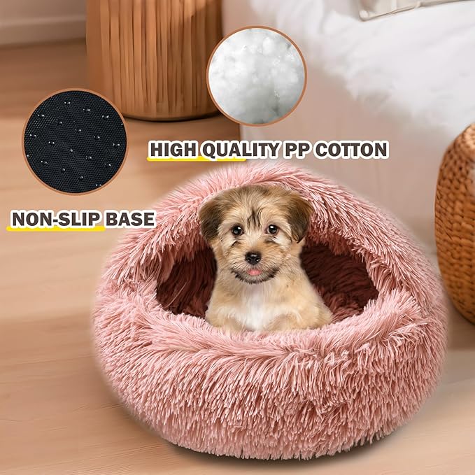 Cat Bed for Indoor Cats, Calming Cozy Cave with Self-Warming Plush, Entire Bed Machine Washable & Anti-Slip Base, Breathable Pet Bed for Small Cats&Dogs All Seasons (Leather Pink, 24*24inch)