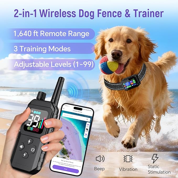 GPS Wireless Dog Fence – with Dog Collar, Remote & Free App, Custom GPS Fence, Adjustable Beep/Vibration/Static, IP67 Waterproof, Long Battery Life, for Dogs 10–120 lbs, Remote Kit