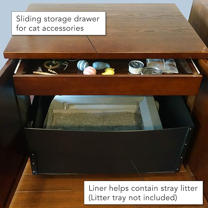 THE REFINED FELINE Cat Litter Box Enclosure Cabinet, Farmhouse, Mahogany Brown, Square Feet, Large, Hidden Litter Cat Furniture with Drawer