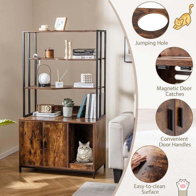 PETSITE Cat Litter Box Furniture with 3 Shelves and Doors, 61 inch Tall Cat Box Enclosure with Display Shelves, Scratching Pad, Indoor Hidden Litter Box with Decorative Storage Shelving (Rustic Brown)