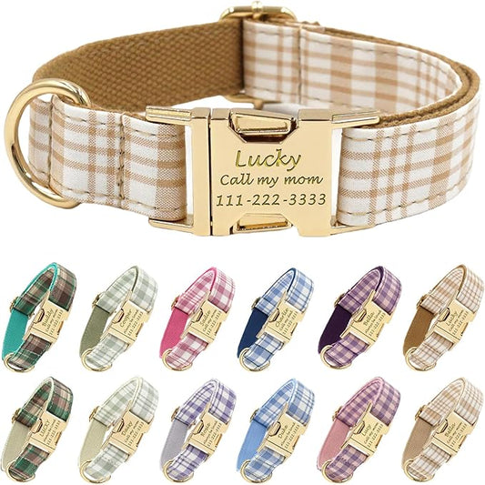 PETDURO Personalized Dog Collar Brown Plaid for Large Medium Dogs | Engraved Name and Phone Number on Gold Metal Buckle for Boys & Girls | Add Leash & Bow Tie via Customize Now