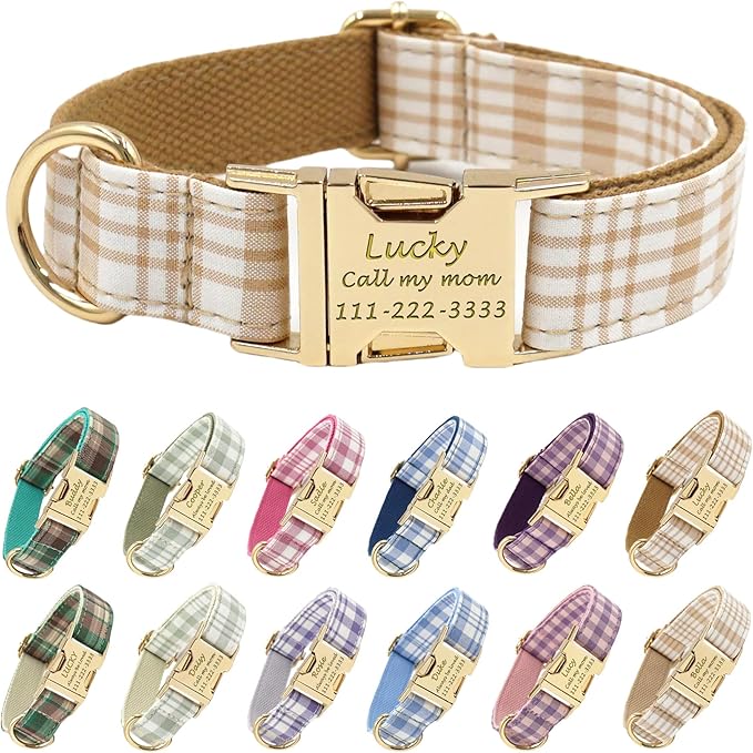PETDURO Personalized Dog Collar Brown Plaid for Large Medium Dogs | Engraved Name and Phone Number on Gold Metal Buckle for Boys & Girls | Add Leash & Bow Tie via Customize Now