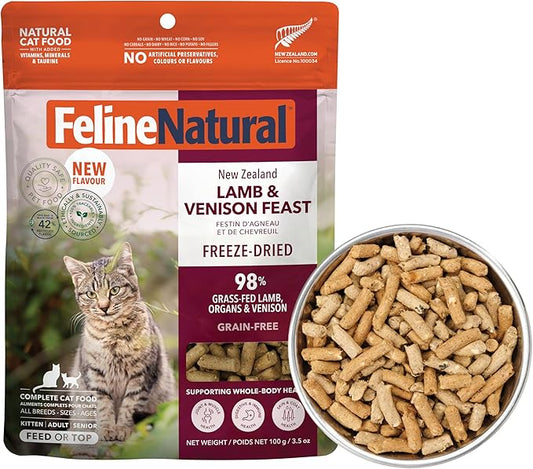 Feline Natural Freeze Dried Cat Food - Grain-Free and High Protein Cat Food from New Zealand, Complete Meal or Topper for Kittens, Adults, and Senior Cats, Grass-Fed Lamb and Venison, 100g