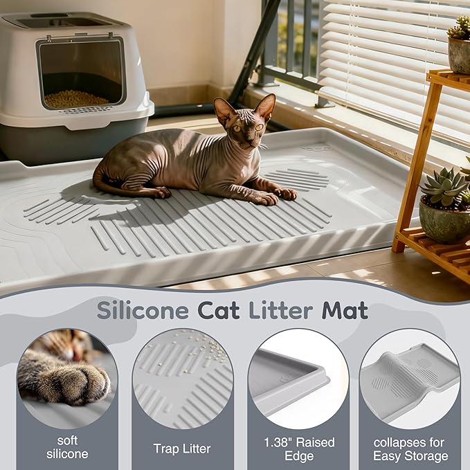 ISSEVE Cat Litter Mat 40" x 28" XL, Extra Large Silicone Mat for Litter Box, 1.38" Raised Edge Urine Waterproof Litter Trapping Mat Pad for Scatter Control, Soft on Kitty Paws, Protect Floor (Grey)