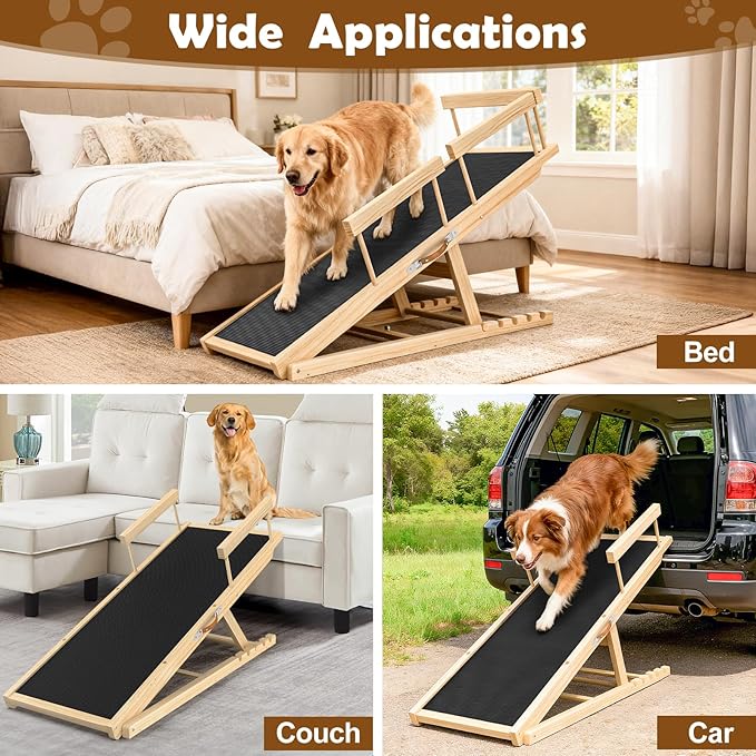 Dog Ramp for Couch, Bed or Car, Wooden 55" Long Pet Stairs for Small & Large Old Dogs & Cats, Hold up to 250lb, 6 Adjustable Height from 19.68" to 27.55" Portable Doggie Steps, Excellent Traction
