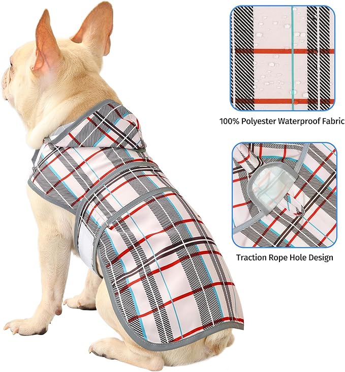 Dog Raincoats for Medium Dogs Waterproof Hooded Rain Jacket with Reflective Strips Leash Hole & Poncho Adjustable Fit (Plaid,M)