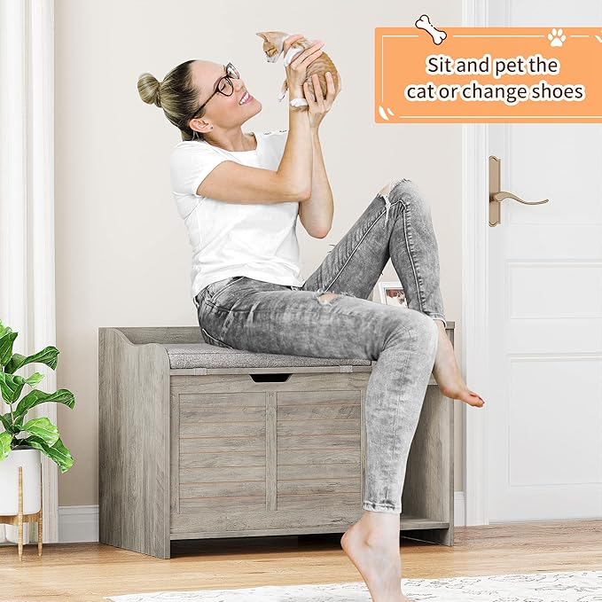 Cat Litter Box Enclosure Furniture with Top Opening and Cushion, Hidden Litter Box Cabinet with Storage, Privacy Cat Box Enclosure, Grey