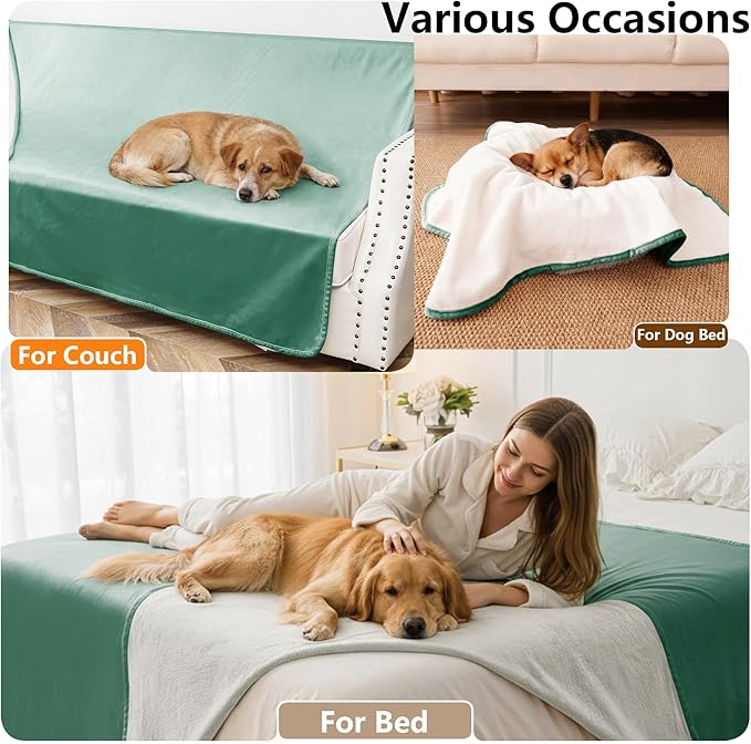 Waterproof Blanket for Bed King Size, Leak Proof Dog Couch Blankets Reversible, Pet Throw Sofa Furniture Protector Machine Washable-82 x108,Green+Cream
