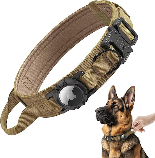 Tactical AirTag Dog Collar - Heavy Duty, Adjustable GPS Collar Compatible with Apple AirTag, with Holder & Control Handle for Medium/Large Dogs [ Brown, XL ]