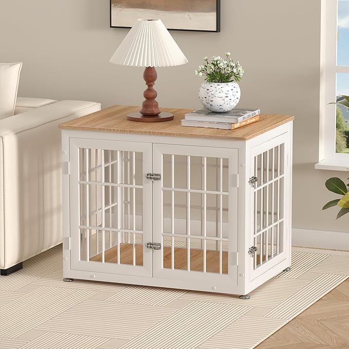 32 Inch Heavy Duty Dog Crate Furniture for Medium and Small Dogs, Decorative Pet House End Table, Wooden Cage Kennel Furniture Indoor, Natural and White
