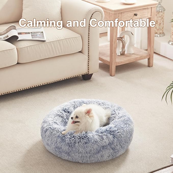 23 inches Donut Dog Bed for Small Dogs - Calming Washable Round Puppy Bed with Removable Cover, Fluffy Plush Pet Bed for Cats & Dogs, Fits up to 25 lbs Pets (Dark Blue,Small)