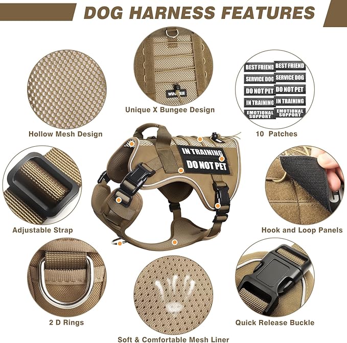 WINSEE Service Dog in Training Mesh Harness with 10 Pet Patches, Soft Air Mesh Breathable Tactical Dog Molle Vest, Reflective Military Pet Vest for Walking Hiking for Medium Dogs