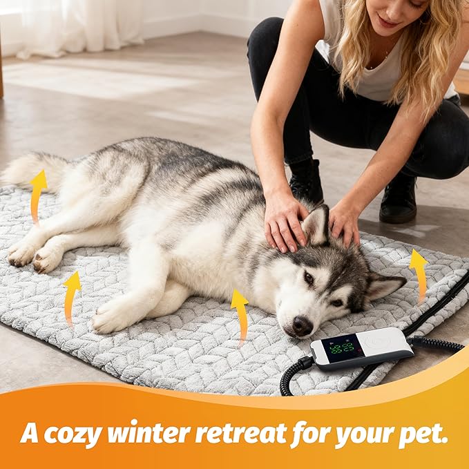 PatiencET 24"x35" Large Heated Dog & Cat Pad – Jumbo Dog Heating Mat with 6-Temp, 5-Timer, Chew-Proof Cord, Washable Outdoor-Indoor Warming Bed