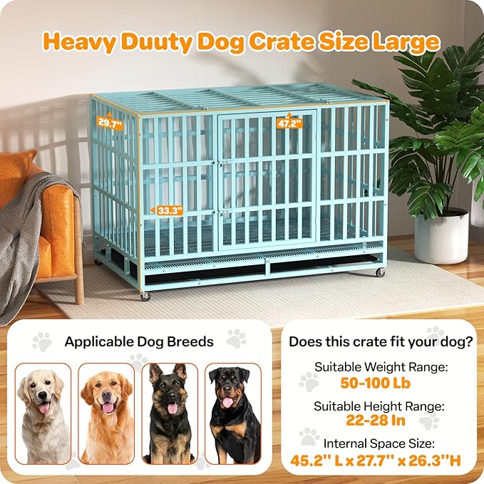 Heavy Duty Dog Crate 48 Inch, Indestructible Dog Crate with Removable Tray, Escape Proof & High Anxiety Dog Kennel Indoor, Metal Dog Cage with Wheels for Large Dogs, XL XXL XXXL