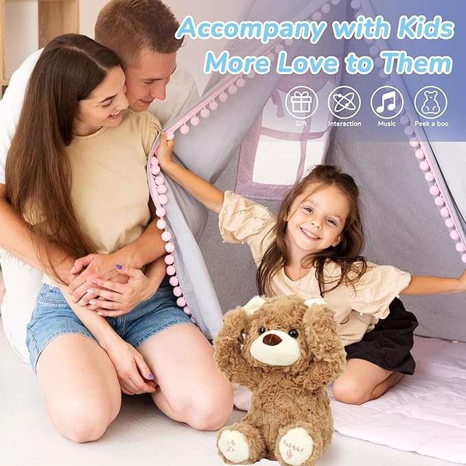 Hopearl Peek A Boo Bear Interactive Repeats What You Say Plush Teddy Bear Toy Musical Singing Talking Stuffed Animal Adorable Electric Animate Gift for Toddlers, Brown, 11''