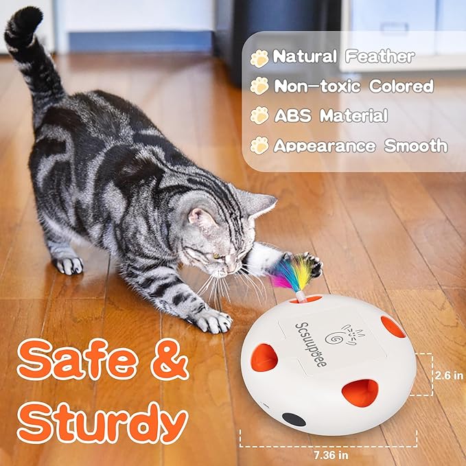 Interactive Cat Toy, Electric Cat Toys for Moving Concealed Feathers, Smart Sensor 7 Holes Whack a Mole Feather Toy, USB Charge Automatic Kitten Christmas Toys,White
