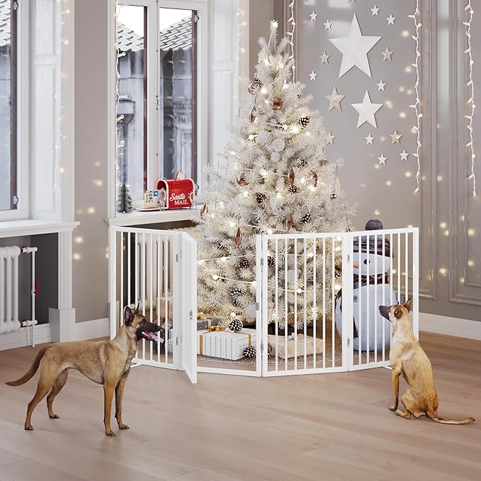 Vantas Folding No-Assembly Metal Pet Gate 80" Wide, 24" Extra Tall Dog Gate with Door Walk Through, Freestanding Accordion Puppy Gate Dog Door for Indoor & Outdoor, with 2PCS Support - White