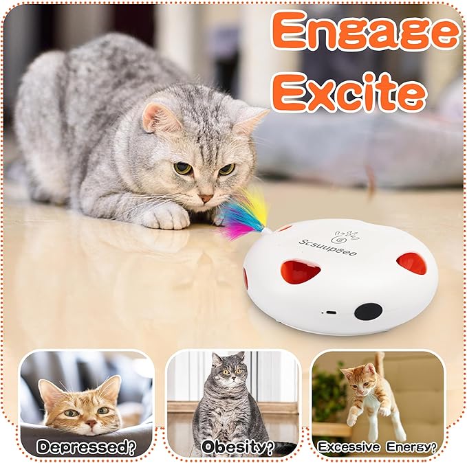 Interactive Cat Toy, Electric Cat Toys for Moving Concealed Feathers, Smart Sensor 7 Holes Whack a Mole Feather Toy, USB Charge Automatic Kitten Christmas Toys,White