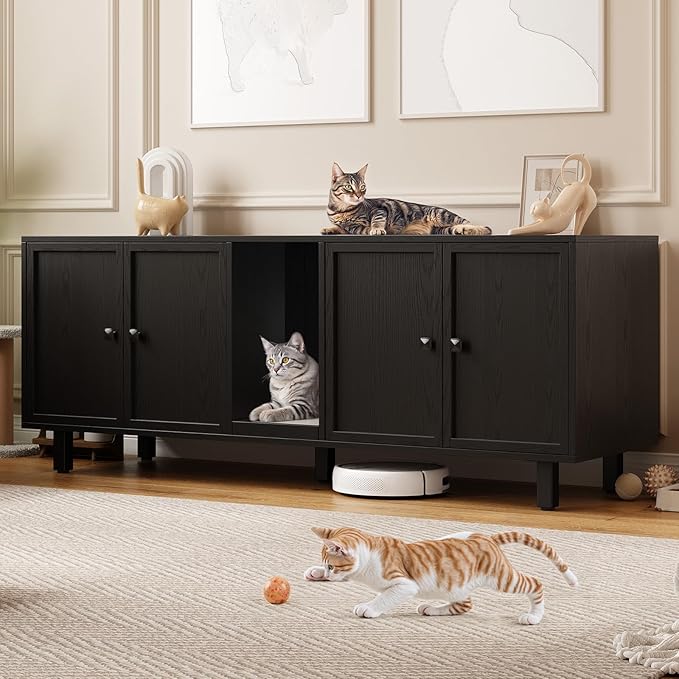 ONBRILL 63 Inches Cat Litter Box Enclosure for 2 Cats, Hidden Litter Boxes Furniture with Cat Scratch Pad, Large Indoor Pet House with Double Room, Wooden TV Stand Side Table, Black