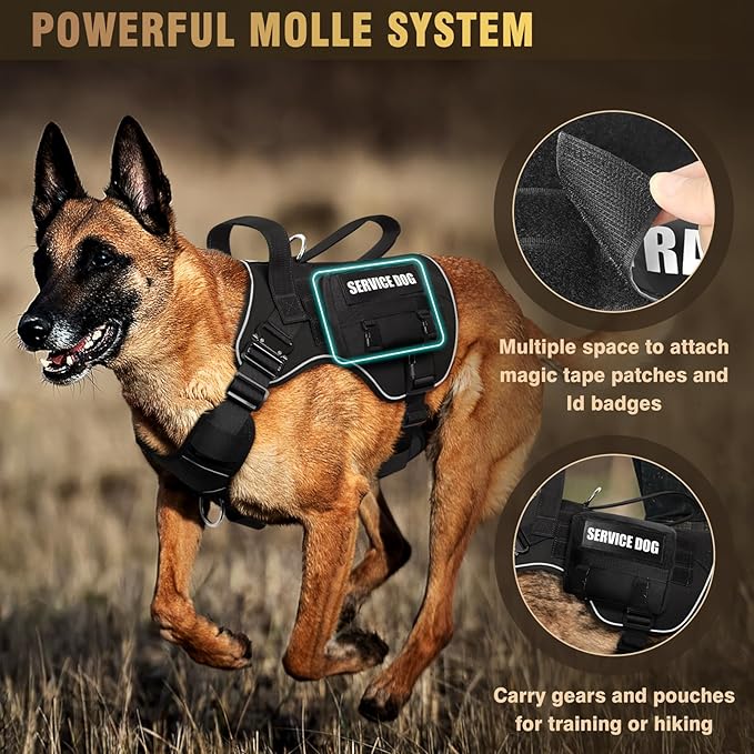 WINSEE Tactical Dog Harness for Large Dog, Heavy Duty Service Dog MOLLE Vest with 10 Pet Patches, No Pull Military Working Vest for Training Hunting Walking